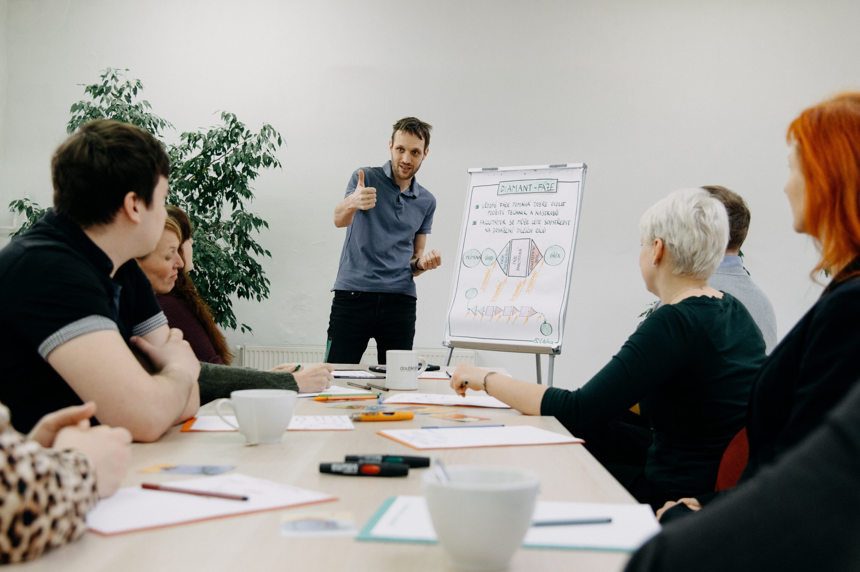 Lektor Edutica s palcem nahoru vysvětluje účastníkům kurzu facilitace model Diamant-fáze pro efektivní vedení diskuzí.